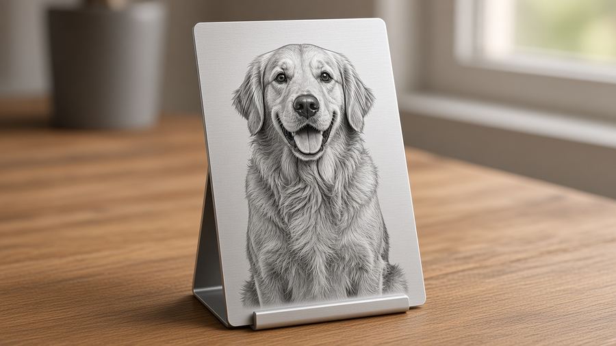 Laser-engraved aluminum portrait card with a full-face dog portrait standing upright on its fold-out stand card at a 72 degree display angle, personalized pet photo gift
