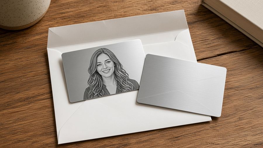 Flat-lay of two flat aluminum cards in an envelope, the 55x85mm laser-engraved portrait card and its dedicated stand card before folding into a triangle easel