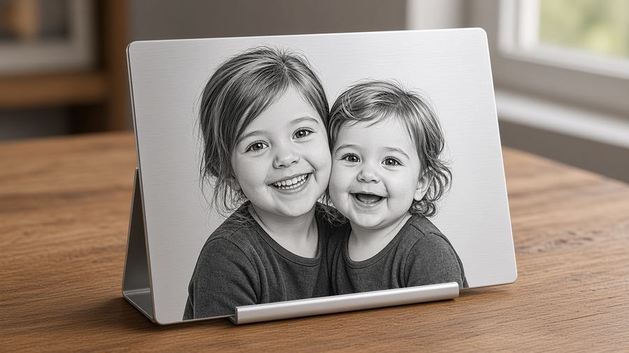 Laser-engraved aluminum portrait card with a kids portrait standing on its fold-out triangle easel stand card, personalized photo gift by Hank Elsner