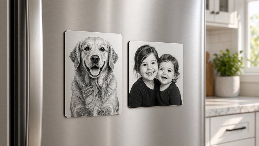 Magnetic Metal Portraits on a refrigerator — laser-engraved aluminum dog and kids portraits with magnetic backing