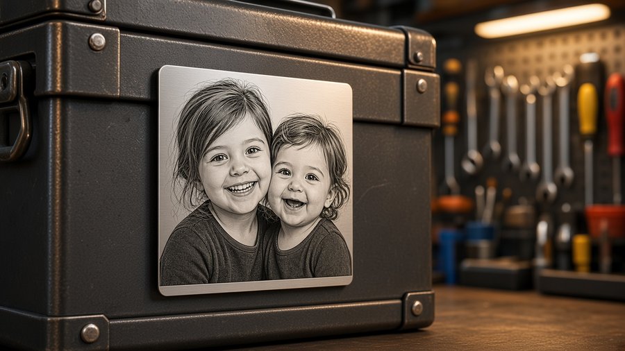 Magnetic Metal Portrait on a tool box — laser-engraved aluminum kids portrait with magnetic backing in a workshop